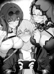  1boy 2girls absurdres aisutei bare_shoulders between_breasts black_gloves black_jacket black_swan_(honkai:_star_rail) blush breasts breasts_on_shoulders caelus_(honkai:_star_rail) cleavage commentary_request dress eyewear_on_head fingerless_gloves gloves hair_between_eyes hand_on_another&#039;s_arm highres holding holding_phone honkai:_star_rail honkai_(series) jacket kafka_(honkai:_star_rail) large_breasts long_hair looking_at_another looking_at_viewer monochrome multiple_boys multiple_girls open_clothes open_jacket phone round_eyewear shirt short_hair sidelocks smile sunglasses trailblazer_(honkai:_star_rail) twitching veil white_background white_shirt 