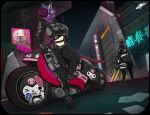 absurd_res akira_(film) anthro big_breasts black_hair bottomwear bovid breasts butt caprine city city_background clothing cyberpunk_2077 dolly_(jiqqy) duo female fur goat hair hi_res horn jacket kuromi mammal onegai_my_melody pants purple_body purple_fur sanrio sheep tai_(zak_hitsuji) topwear weapon white_body zak_hitsuji