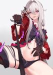  1girl :d bare_shoulders black_gloves black_shirt black_shorts black_thighhighs bracelet collarbone cowboy_shot gloves hair_between_eyes hair_intakes hand_on_own_stomach highres holding holding_leash honkai_(series) honkai_impact_3rd jewelry leash long_hair looking_at_viewer navel off_shoulder open_clothes open_mouth open_shirt pak_ce pink_eyes pov red_shirt shirt short_shorts shorts sidelocks simple_background single_thighhigh smile solo spread_legs stomach straight_hair teeth thelema_(honkai_impact) thick_thighs thighhighs thighs two-tone_shirt upper_teeth_only viewer_on_leash white_background 