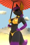 ankh_necklace ankh_piercing anthro anubian_jackal big_ears black_body black_fur breasts canid canine canis female fur hi_res jackal mammal piercing purple_body purple_eyes purple_fur solo tail tiye_(userpass) umbrella username-password yellow_inner_ear yellow_nose