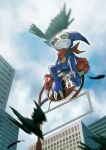  bird bly_mead building city cloud cloudy_sky creature digimon digimon_(creature) digimon_tamers feathers green_eyes highres impmon sitting sky window wings 