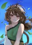  1girl bare_shoulders blue_dress bo_staff brown_eyes brown_hair brown_tail circlet detached_sleeves dress eneshi frilled_dress frills green_dress highres leaf monkey_girl monkey_tail multicolored_clothes multicolored_dress outdoors prehensile_tail ruyi_jingu_bang single-shoulder_dress single_detached_sleeve single_strap solo son_biten tail touhou white_sleeves yellow_dress 