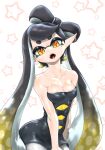  1girl bare_shoulders black_dress black_hair blonde_hair bow-shaped_hair breasts callie_(splatoon) cleavage collarbone dress fangs gradient_hair highres inkling koharu2.5 long_hair looking_at_viewer medium_breasts mole mole_under_eye multicolored_hair open_mouth pantyhose pointy_ears red_pupils short_dress solo splatoon_(series) splatoon_3 star_(symbol) starry_background strapless strapless_dress tentacle_hair two-tone_hair very_long_hair white_pantyhose yellow_eyes 