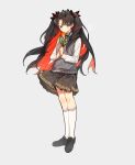  1girl alternate_costume black_hair breasts collared_shirt colored_inner_hair fate/grand_order fate_(series) flower full_body holding ishtar_(fate) kabutomushi_s kneehighs long_hair long_sleeves looking_at_viewer multicolored_hair parted_bangs pleated_skirt red_hair ribbon shirt skirt socks solo space_ishtar_(fate) sweater_vest two-tone_hair two_side_up vest white_shirt 