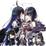  2girls asymmetrical_horns bare_shoulders black_choker black_hair blue_hair blush breasts choker cleavage colored_inner_hair demon_horns dress grey_hair hair_ornament highres hololive hololive_english horns kiss large_breasts long_hair mole mole_under_eye multicolored_hair multiple_girls multiple_views nerissa_ravencroft nerissa_ravencroft_(1st_costume) red_eyes shiori_novella shiori_novella_(1st_costume) smile split-color_hair two-tone_hair uneven_horns very_long_hair virtual_youtuber yellow_eyes yomosaka yuri 