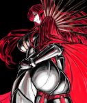  1girl ass black_bodysuit bodysuit breasts cape fate/grand_order fate_(series) hand_on_own_hip highres large_breasts long_hair looking_at_viewer maabo_harusame oda_nobunaga_(fate) oda_nobunaga_(maou_avenger)_(fate) red_cape red_eyes red_hair shaded_face simple_background solo upper_body white_background 