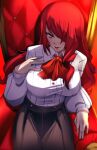  1340smile 1girl black_skirt bow bowtie breasts commentary highres kirijou_mitsuru large_breasts long_hair looking_at_viewer persona persona_3 red_bow red_bowtie red_eyes red_hair red_lips shirt sitting skirt smile solo very_long_hair white_shirt 