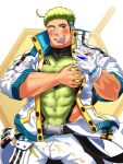  1boy absurdres ahoge bandaid bandaid_on_face bandaid_on_nose bara belt black_hair blush capsule clothing_cutout condom condom_in_mouth covered_abs crave_saga facial_hair gloves goatee_stubble grabbing_own_pectoral green_hair grin high_collar highres holding hygieios_(crave_saga) jacket jumpsuit large_pectorals male_focus mouth_hold multicolored_hair muscular muscular_male one_eye_closed open_jumpsuit paint_on_clothes pectorals pouch short_hair side_cutout single_glove skin_tight sleeves_rolled_up smile solo stubble two-tone_eyebrows two-tone_hair white_gloves white_jacket white_jumpsuit xiongxiongood 