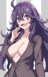  1girl @_@ ahoge alternate_costume arm_at_side asairosora blush breasts eyebrows_hidden_by_hair hair_between_eyes hairband hand_up hex_maniac_(pokemon) highres large_breasts long_hair long_sleeves looking_at_viewer no_bra open_mouth plunging_neckline pokemon pokemon_xy purple_eyes purple_hair purple_hairband shirt smile solo upper_body very_long_hair 