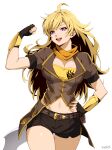  1girl absurdres belt black_gloves black_shorts blonde_hair breasts brown_belt cleavage commission cowboy_shot fingerless_gloves flexing gloves highres large_breasts long_hair messy_hair micro_shorts navel orange_scarf purple_eyes rwby scarf shorts standing stayaliveplz very_long_hair white_background yang_xiao_long 