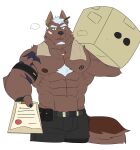 2022 abs anthro arm_tattoo armband asking_viewer barbell_piercing belt biceps black_belt black_bottomwear black_clothing black_pants blackclownowo blue_eyes bodily_fluids bottomwear box brown_body brown_fur canid canine canis chest_tuft clipboard clothing container domestic_dog ear_piercing ear_ring facial_hair fur goatee hair hi_res holding_box holding_clipboard holding_container holding_object hugo_(blackclownowo) jewelry male mammal navel necklace nipple_barbell nipple_piercing nipples obliques pants pecs pencil_(object) pencil_on_ear piercing ring_piercing serratus shirtless shoulder_tattoo solo sweat tattoo towel towel_around_neck tuft utility_belt vein veiny_muscles white_hair