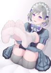  1girl absurdres blush contender_(girls_frontline) dress dyamond feet foot_focus girls_frontline green_hair highres juliet_sleeves lace-trimmed_dress lace_trim legs_up long_sleeves maid maid_headdress multicolored_hair no_shoes official_alternate_costume open_mouth puffy_sleeves purple_eyes purple_hair short_hair socks solo streaked_hair toes white_legwear 