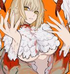  1girl absurdres blonde_hair blood blood_on_chest blood_on_clothes blood_on_neck breasts chimera dragon_wings dungeon_meshi falin_touden falin_touden_(chimera) feathered_dragon fingernails highres looking_at_viewer monster_girl sailen0 sharp_fingernails short_hair slit_pupils torn_clothes upper_body wings yellow_eyes 