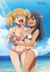  2girls :3 absurdres ahoge artist_request bikini black_hair blonde_hair breasts brown_eyes dark_skin dark_skinned_female ear_clip fang feeding frilled_bikini frills grin hair_ornament hairclip highres ijiranaide_nagatoro-san large_breasts megami_magazine multiple_girls nagatoro_hayase official_art one-piece_tan open_mouth skin_fang smile swimsuit tan tanline twintails yoshi_(nagatoro) 