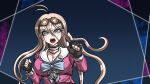  1girl antenna_hair barbed_wire belt black_belt black_choker black_gloves blonde_hair blue_background blue_bow blue_bowtie blue_eyes bow bowtie breasts brooch brown-framed_eyewear choker cleavage clenched_hand collared_shirt commentary_request danganronpa_(series) danganronpa_v3:_killing_harmony eyelashes fingerless_gloves gloves goggles goggles_on_head hair_between_eyes iruma_miu jewelry large_breasts light_blush long_hair long_sleeves multiple_belts o-ring o-ring_belt official_style open_mouth outside_border parody pink_shirt pink_sleeves pointing polka_dot polka_dot_background round_eyewear sailor_collar shirt simple_background solo style_parody teeth upper_body upper_teeth_only v-shaped_eyebrows very_long_hair wavy_hair white_sailor_collar yumaru_(marumarumaru) 