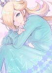  1girl absurdres artist_request bare_shoulders blonde_hair blue_eyes blush crown dress earrings hair_over_one_eye highres jewelry lips long_hair looking_at_viewer mario_(series) rosalina simple_background smile solo star_(symbol) star_earrings super_mario_galaxy 