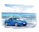  artist_name blue_car car cloud highres license_plate mazda mazda_mx-5 mazda_mx-5_nb motor_vehicle no_humans ocean original painting_(medium) shadow shin_osawa sky spoiler_(automobile) traditional_media vehicle_focus watercolor_(medium) 