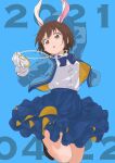  1girl 9so_(ponchon) :o alice_in_wonderland animal_ears arm_behind_head arm_up bangs blue_background blue_bow blue_headwear blue_jacket blue_neckwear blue_skirt bow bowtie brown_eyes brown_footwear brown_hair bunny_ears buttons clock clock_necklace collared_shirt commentary cosplay dated dated_commentary dress_shirt eyebrows_visible_through_hair fake_animal_ears funami_yui gloves hand_up hat highres jacket jewelry jumping long_sleeves looking_at_viewer necklace open_clothes open_jacket paperclip shirt shirt_tucked_in shoes skirt solo upper_teeth watch white_gloves white_rabbit white_rabbit_(cosplay) white_shirt yuru_yuri 