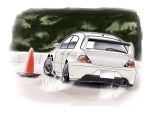  autocross car grey_car highres k.tofu mitsubishi_lancer_evolution mitsubishi_motors motion_lines motor_vehicle no_humans original shadow spoiler_(automobile) traffic_cone tree vehicle_focus 