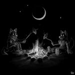  1:1 ambiguous_gender bandanna blocky bonfire bruno_borker canid canine canis charcoal domestic_dog duo fire hi_res kerchief mammal monochrome moon outline pawpads paws rock sparkles star tail wood yam_(vegetable) 