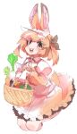  100maru 1girl :3 animal_ears basket bow bowtie brown_bow brown_dress brown_eyes cabbage carrot collared_dress cowboy_shot daikon domestic_rabbit_(kemono_friends) dress eggplant food frilled_dress frills hair_bow highres kemono_friends light_brown_hair looking_at_viewer multicolored_hair open_mouth puffy_short_sleeves puffy_sleeves rabbit_ears rabbit_girl rabbit_tail radish short_sleeves smile solo tail tomato two-tone_dress two-tone_hair vegetable white_bow white_bowtie white_dress white_hair 