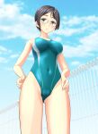  1girl absurdres aqua_swimsuit black_hair blue_sky breasts brown_eyes cloud competition_swimsuit covered_navel cowboy_shot day fence from_below glasses highres looking_at_viewer mature_female medium_breasts multicolored multicolored_clothes multicolored_swimsuit one-piece_swimsuit original outdoors short_hair sky solo swimsuit takafumi 