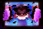  1boy blue_shirt cleft_chin denim denim_jacket facial_hair glitch goggles goggles_on_headwear helmet highres hoshi_(star-name2000) jacket looking_at_viewer motorcycle_helmet mustache open_mouth red_eyes shirt square wario wario_bug warioware warioware:_get_it_together! 