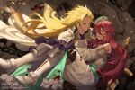  1boy 1girl alberius_(dragalia_lost) armor artist_name bangs bare_shoulders blonde_hair blood blood_from_mouth bloody_clothes boots breastplate brown_eyes cape carrying closed_mouth commentary dragalia_lost dress english_commentary eye_contact eyebrows_visible_through_hair floating_hair green_eyes green_headwear hair_between_eyes hat hentaki knee_boots long_hair looking_at_another mini_hat myriam_(dragalia_lost) off-shoulder_dress off_shoulder open_mouth princess_carry red_hair smile spoilers torn_cape torn_clothes very_long_hair watermark web_address white_cape white_dress white_footwear 