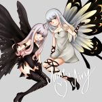 2girls aerie_(bravely_default) anne_(bravely_second) antenna_hair arm_up artist_name bare_shoulders black_gloves black_legwear black_leotard blue_eyes bravely_default:_flying_fairy bravely_default_(series) bravely_second:_end_layer breasts brown_eyes butterfly_wings character_name collarbone dress eyebrows_visible_through_hair fairy full_body gloves grey_background grey_hair highres leotard long_hair looking_at_viewer multiple_girls pointy_ears rokudessa short_dress simple_background small_breasts smile strapless strapless_dress thigh_strap thighhighs white_dress wings 