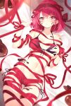  1girl \||/ bed bikini black_bikini bound bow breasts chocolate eyebrows_visible_through_hair hair_bow hand_on_breast highres looking_at_viewer lying midriff miruto_netsuki naked_ribbon on_back on_bed original pillow pillow_grab red_eyes red_hair red_ribbon ribbon ribbon_bondage short_hair swimsuit thigh_gap thighs 