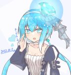  1girl aoki_lapis blue_eyes blush breasts choker cleavage dated diamond_(gemstone) gem hairband hand_up juliet_sleeves long_sleeves looking_at_viewer open_mouth puffy_sleeves short_hair_with_long_locks small_breasts smile solo translated upper_body vocaloid wixa14_shin 