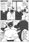 absurd_res after_transformation anthro bell bell_collar belly bodily_fluids boss boss_and_employee boss_cat_(coolietf) bulge clothing collar comic coolietf dialogue domestic_cat duo employee felid feline felis hand_on_belly hi_res human male male/male mammal moobs navel nipples overweight overweight_anthro overweight_male petting scratching speech_bubble sweat sweatdrop talking_to_another talking_to_self thong thought_bubble underwear