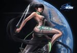  1girl ass black_hair bodysuit breasts brown_eyes captdiablo earrings earth_(planet) english_commentary eve_(stellar_blade) highres holding holding_sword holding_weapon jewelry large_breasts lightning lips long_hair looking_to_the_side nose planet ponytail prototype_planet_diving_suit_(stellar_blade) sideboob skin_suit_(stellar_blade) skin_tight solo space stellar_blade swept_bangs sword tail thighs very_long_hair weapon 