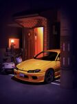  absurdres car highres house k.tofu motor_vehicle night nissan nissan_s15_silvia nissan_silvia no_humans open_door original outdoors scenery scooter shadow vehicle_focus yellow_car 