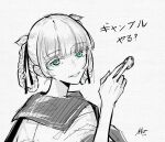  1girl aqua_eyes blue_eyes from_behind greyscale highres kakegurui looking_at_viewer looking_back m10cmdesu momobami_kirari monochrome open_mouth poker_chip school_uniform simple_background sketch smile solo twintails white_background 