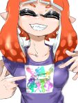  1girl ^_^ agent_3_(splatoon) agent_4_(splatoon) agent_8_(splatoon) breasts callie_(splatoon) closed_eyes collarbone fangs grin highres inkling inkling_girl inkling_player_character koharu2.5 marie_(splatoon) marina_(splatoon) medium_breasts medium_hair orange_hair pearl_(splatoon) pointing pointing_at_self pointy_ears purple_shirt shirt simple_background smile solo splatoon_(series) t-shirt tentacle_hair white_background 