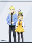  1boy 1girl aged_up ahoge alternate_costume black_pants black_pantyhose blonde_hair blue_jacket bonnie_(pokemon) brother_and_sister bucket_hat clemont_(pokemon) closed_mouth commentary dedenne dress glasses hair_ornament hairclip hat highres jacket jcstr long_sleeves looking_at_viewer on_head open_clothes open_jacket pants pantyhose pokemon pokemon_(anime) pokemon_(creature) pokemon_on_head pokemon_xy_(anime) ponytail round_eyewear shirt siblings smile white_shirt yellow_dress zygarde zygarde_core 