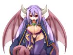 1girl alma_elma black_panties blue_cloak bmp-to-png_conversion breast_tattoo breasts bridal_gauntlets cleavage cloak demon_girl demon_horns demon_wings facial_tattoo frfr game_cg grey_horns hair_between_eyes hand_on_own_elbow highleg highleg_panties horns large_breasts leaning_forward leg_tattoo long_hair looking_at_viewer mon-musu_quest! monster_girl non-web_source open_mouth panties pointy_ears purple_bridal_gauntlets purple_hair purple_thighhighs red_eyes simple_background solo standing tail tattoo thighhighs tongue tongue_out transparent_background underwear very_long_hair wings 