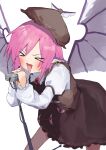  &gt;_&lt; 1girl animal_ears bird_ears bird_wings blush brown_dress brown_hat collared_shirt cowboy_shot dress earrings hat highres jewelry long_sleeves microphone_stand mystia_lorelei open_mouth pink_hair pocche-ex shirt short_hair simple_background single_earring sleeve_garter smile solo touhou white_background white_shirt white_wings winged_hat wings 