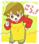  1girl 5-volt apron bebe_0620 brown_eyes brown_hair green_pants hair_ornament hairclip hand_on_own_hip hood hoodie leaning_forward long_hair open_mouth pants red_hoodie scolding simple_background translated warioware yellow_apron 