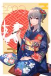  1girl 2022 alternate_costume alternate_hairstyle blue_kimono braid chinese_zodiac commentary crown_braid final_fantasy final_fantasy_brave_exvius floral_print floral_print_kimono flower furisode glaciela_wezette grey_hair hair_flower hair_ornament happy_new_year highres hirono_(hxze4434) holding japanese_clothes kimono light_blush long_hair long_sleeves looking_at_viewer obi red_eyes sash seiza sidelocks sitting solo war_of_the_visions:_final_fantasy_brave_exvius wide_sleeves year_of_the_tiger 