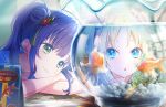  2girls :o blonde_hair blue_eyes blue_hair close-up dress fish fishbowl flower game_cg goldfish gradient_hair green_eyes hair_bun hair_flower hair_ornament hand_fan hasu_no_sora_school_uniform head_on_arm highres light_blue_hair light_smile link!_like!_love_live! long_hair looking_at_animal looking_at_another love_live! multicolored_hair multiple_girls official_art osawa_rurino otomune_kozue parted_bangs pink_flower purple_hair red_flower sailor_collar school_uniform short_sleeves side_ponytail sidelocks single_side_bun summer_uniform third-party_source twintails virtual_youtuber white_dress white_flower white_sailor_collar 