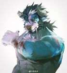  1boy absurdres after_battle animal_ears applying_bandages bara beard blood blood_on_arm blue_fur cow_ears cow_horns facial_hair full_beard furry furry_male highres horns huge_eyebrows large_pectorals looking_at_viewer low_ponytail luoluokun517 male_focus mature_male minotaur mouth_hold muscular muscular_male original pectorals sanpaku scar scar_across_eye serious solo thick_beard tsurime upper_body 