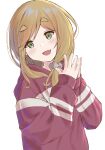  1girl bangs blonde_hair eyebrows_visible_through_hair eyes_visible_through_hair file112056 green_eyes hairband hands_together highres hood hoodie inuyama_aoi jacket light light_blush long_hair looking_at_viewer red_hoodie simple_background smile solo striped_clothes white_background yurucamp 
