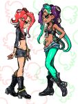  2girls agent_8_(splatoon) aqua_eyes aqua_hair aqua_pantyhose aqua_skin black_footwear black_shirt black_skirt boots breasts cephalopod_eyes cleavage closed_mouth colored_skin crop_top dark-skinned_female dark_skin gradient_hair grey_shorts groin hands_on_own_hips high_heel_boots high_heels highres horizontal_pupils koharu2.5 marina_(splatoon) miniskirt multicolored_hair multicolored_skin multiple_girls navel_piercing octoling octoling_girl octoling_player_character orange_eyes pantyhose piercing pink_pupils purple_hair red_hair shirt shorts single_sleeve skirt small_breasts smile splatoon_(series) splatoon_2 splatoon_2:_octo_expansion suction_cups tentacle_hair tongue tongue_out two-tone_hair two-tone_skin unzipped zipper_pull_tab 