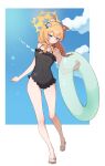  1girl animal_ear_fluff animal_ears black_one-piece_swimsuit blue_archive blue_eyes blue_sky blurry braid cat_ears cat_girl cloud cloudy_sky commentary_request covered_navel depth_of_field flower frilled_one-piece_swimsuit frills full_body green_innertube hair_between_eyes hair_flower hair_ornament halo head_tilt highres holding holding_swim_ring long_hair looking_at_viewer mari_(blue_archive) mari_(swimsuit)_(blue_archive) official_alternate_costume one-piece_swimsuit orange_hair outdoors sandals sidelocks single_braid sky smile solo spaghetti_strap sunlight swim_ring swimsuit uz_(uzru0428) walking 