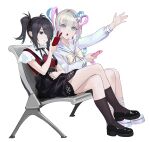 2girls :o absurdres ame-chan_(needy_girl_overdose) arm_up black_eyes black_footwear black_hair black_ribbon black_skirt black_socks blonde_hair blue_bow blue_eyes blue_hair bow cellphone chouzetsusaikawa_tenshi-chan collared_shirt commentary_request crossed_legs dual_persona full_body hair_bow hair_ornament hair_over_one_eye heart highres holding holding_phone kneehighs long_hair long_sleeves looking_at_phone looking_at_viewer multicolored_hair multiple_girls neck_ribbon needy_girl_overdose on_bench open_mouth outstretched_arm phone pink_bow pink_hair purple_bow quad_tails red_shirt ribbon sailor_collar shirt shoes shortofsugar simple_background sitting skirt smartphone socks suspender_skirt suspenders twintails white_background x_hair_ornament 