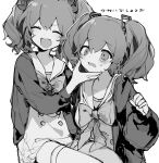  2girls ^_^ bow bowtie buttons closed_eyes collared_jacket commentary_request crying crying_with_eyes_open danganronpa_(series) double-breasted frown greyscale hair_ornament hand_on_another&#039;s_chin highres jacket laughing light_blush long_hair long_sleeves monochrome multiple_girls musical_note musical_note_hair_ornament open_clothes open_jacket open_mouth otonokoji_hibiki otonokoji_kanade puffy_long_sleeves puffy_sleeves raised_eyebrows sad sailor_collar short_twintails simple_background sitting sitting_on_lap sitting_on_person smile super_danganronpa_another_2 teardrop tears thighhighs translation_request twintails uyu_(pixiv_92484260) v-shaped_eyebrows wavy_mouth white_background 
