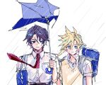  2boys alternate_costume alternate_universe bag blonde_hair blue_bag blue_eyes blue_umbrella brown_hair clenched_hand cloud_strife collared_shirt earrings final_fantasy final_fantasy_vii final_fantasy_viii frown hand_up high_collar holding holding_umbrella in-franchise_crossover jewelry male_focus multiple_boys outdoors rain scar scar_on_face school_bag school_uniform shen_0012 shirt short_hair short_sleeves shoulder_bag single_earring spiked_hair squall_leonhart stud_earrings sweater_vest umbrella upper_body wet wet_clothes wet_shirt white_shirt wind 