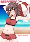  1girl absurdres beach bikini black_hair blue_sky breasts brown_eyes character_name cloud cowboy_shot grin highres horizon kantai_collection kitahama_(siroimakeinu831) looking_at_viewer miyuki_(kancolle) navel ocean one-hour_drawing_challenge red_bikini red_shorts short_hair shorts sky small_breasts smile solo swimsuit twitter_username 